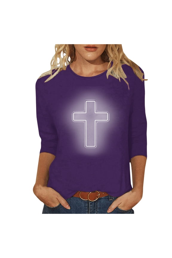 Jesus Shirts for Women,Christian Cross Graphic 3/4 Sleeve Tops Happy Easter Gift Crew Neck Blouses Spring Casual Tunic Tshirt Gift Purple S