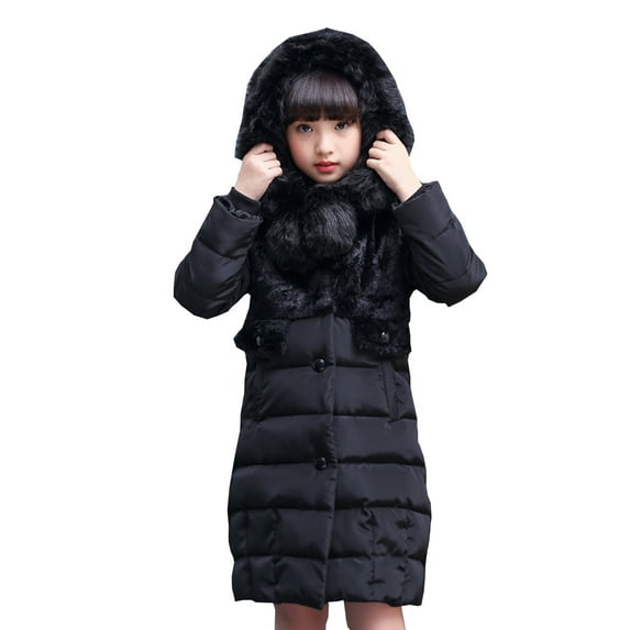 Honeeladyy Kids Children Boys Girls Winter Solid Button Warm Hooded Jackets Outerwear Coats Black