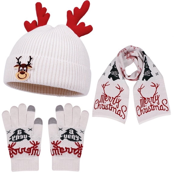 Honeeladyy Kids Christmas Hat Scarf Gloves Set Children's Winter Warm Knit Fleece Lined Pompom Hat with Reindeer Design for Kids Ages 2-8, Christmas Gifts for Boys and Girls, White