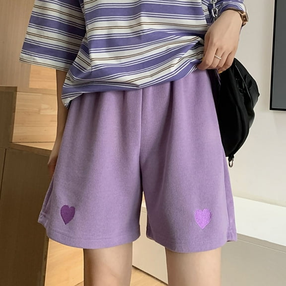 Honeeladyy Knee Length High Waisted Shorts Fashion Casual Womens Heart Embroidery Pockets Ladies Loose Shorts Pants