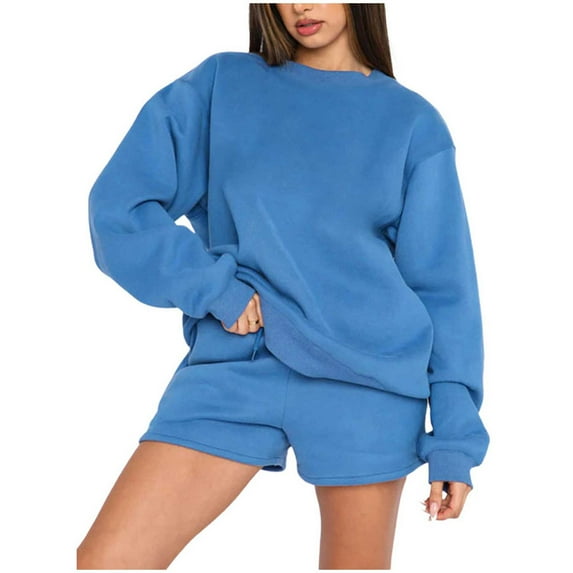 Honeeladyy Ladies Solid Color Round Neck Pullover Long Sleeve Sweatshirt Loose Women's Casual Shorts Set