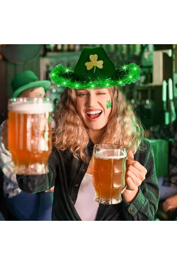Light up St Patrick's Day Cowboy Hat, Green Shamrock Irish Cap Clover Hat Adjustable Chin Strap for Men Women St Patricks Day Performance Party Dress Up Accessories