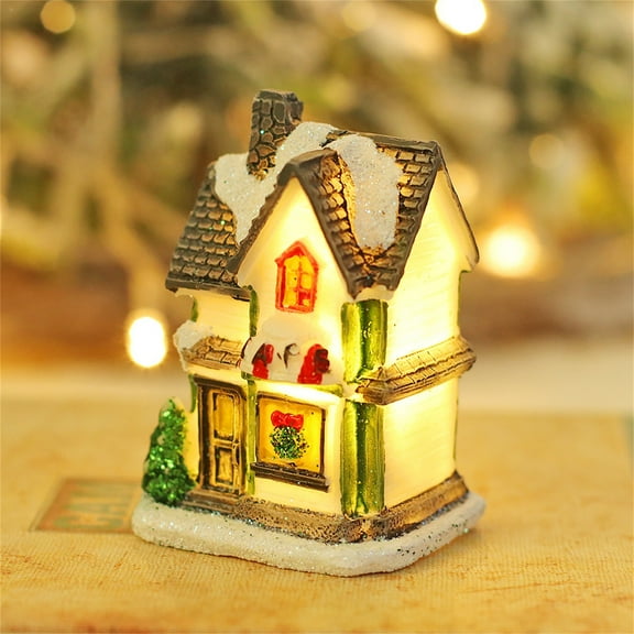 Honeeladyy Lighted Christmas Village Houses, Resin Christmas Village Christmas Scene Village Houses Town with LED Light Battery Operate, Christmas Ornament Home Table Decor Collectible Buildings