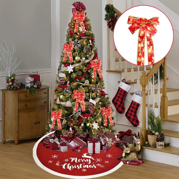 Honeeladyy Lighted Red Christmas Bows Outdoor Decoration Wreath Bows 12.59x8.66x0.07in Xmas Bow LED Lights Bow Winter Door Wall Decor Christmas Tree Topper for Indoor Outside Shine Style