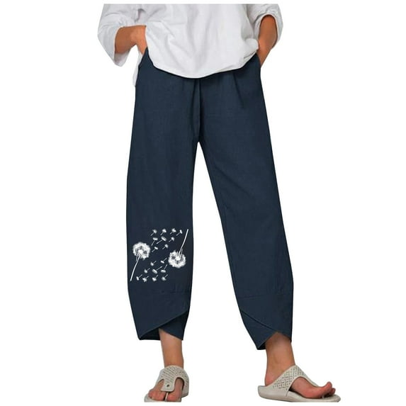 Honeeladyy Linen Pants Women Summer,Women's Fashion High Waist Straight Tube Trouser Hem Print Cotton Versatile Casual Pants
