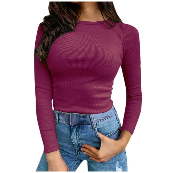 Honeeladyy Long Sleeve Shirts for Women,Crew Neck Stretch Slim Fit Ribbed T-Shirt Blouse Spring Solid Color Basic Tops Gift Hot Pink S