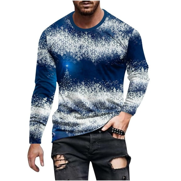 Honeeladyy Long Sleeve T Shirts for Men 3D Christmas Printing Round Neck Long Sleeve Pullover #Ee-Blue-M
