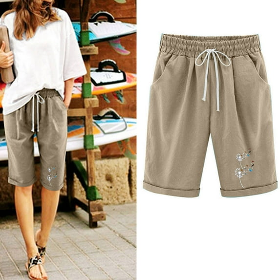 Honeeladyy Lounge Pant with Pockets Women's Summer Printed Five Points Large Size Cotton Linen Pants Casual Pants Shorts