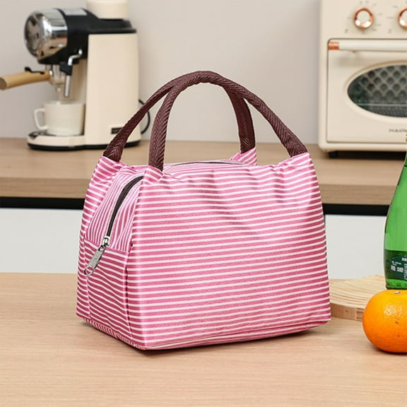 Honeeladyy Lunch Bag for Women Men, Insulated Lunch Box for Adult, High-capacity Aluminium Foil Insulated Reusable Lunch Tote Bag for Work, Office, Dorm, Picnic or Travel (Hot Pink White Stripes)