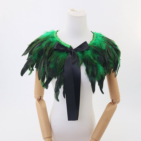 Honeeladyy Mardi Gras Feather Cape Collar for Women, Black Shoulder Shawl Cloak with Ribbon Tie, Christmas Party Costume Wedding Accessory, Green
