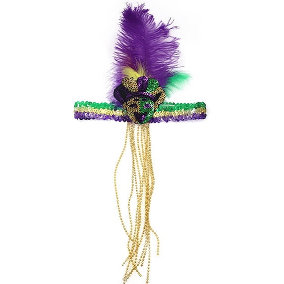 Honeeladyy Mardi Gras Feather Headband with Mardi Gras Beads Sequins Faux Feather Glitter Headwear for Carnival Party
