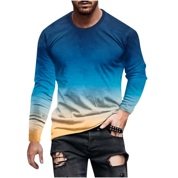 Honeeladyy Men Casual Round Neck Long Sleeve Pullover Printed T-Shirt Blouse Tops #Vb-Blue-XXXL