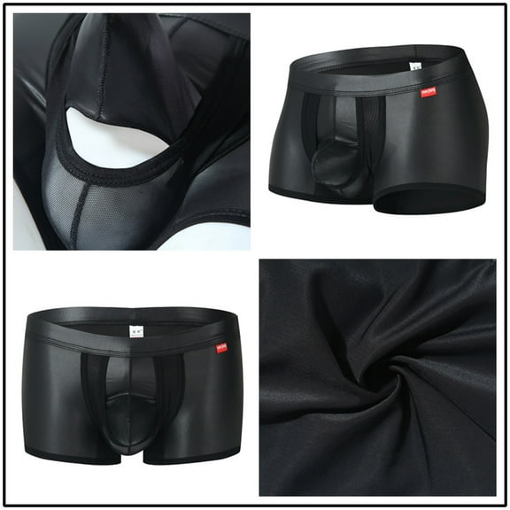 Honeeladyy Men Casual Solid Mid Waist Breathable Underwear Men's Attractive Patent Leather Comfortable Back Empty Boxer Pants Breathable Attractive Panties