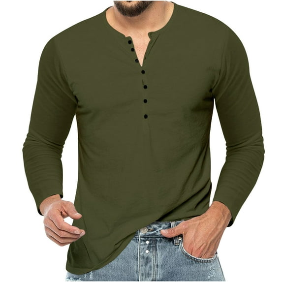 Honeeladyy Men Outdoor Shirt Solid Color Collar Button Long Sleeve Blouse Regular Fit Breathable Loose Fit Sports Tops #Kj-Army Green-L
