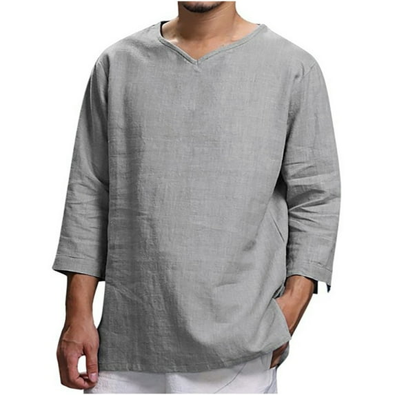 Honeeladyy Men V-Neck Muscle Pullover Top,Men's Long-sleeved V-neck Cotton And Linen Loose Shirt Pure Color Multi-size