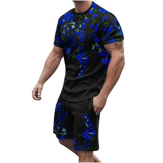 Honeeladyy Men's 2 Pieces Short Sets Cotton Henley Shirts Short Sleeve Casual Beach Shorts Summer Yoga Outfits #Lc-Blue-XXXL