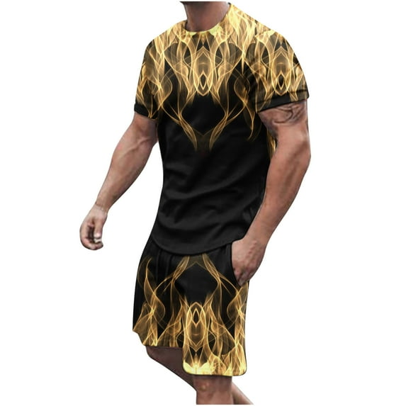 Honeeladyy Men's 2 Pieces Short Sets Cotton Henley Shirts Short Sleeve Casual Beach Shorts Summer Yoga Outfits #Pc-Yellow-XL