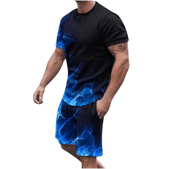 Honeeladyy Men's 2 Pieces Short Sets Cotton Henley Shirts Short Sleeve Casual Beach Shorts Summer Yoga Outfits #Rc-Blue-XXXXL