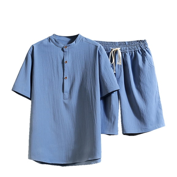 Honeeladyy Men's 2 Pieces Short Sets Cotton Henley Shirts Short Sleeve Casual Beach Shorts Summer Yoga Outfits #Sa-Blue-XXXXXL