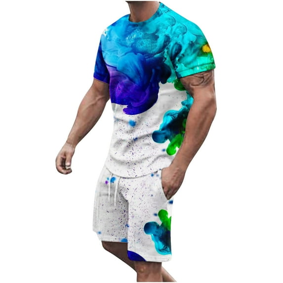 Honeeladyy Men's 2 Pieces Short Sets Cotton Henley Shirts Short Sleeve Casual Beach Shorts Summer Yoga Outfits #Uc-Blue-XXXL