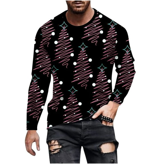 Honeeladyy Men's 3D Print T-Shirts Christmas Print Tee Long Sleeve Round Neck Pullover Tops #Bl-Black-XL