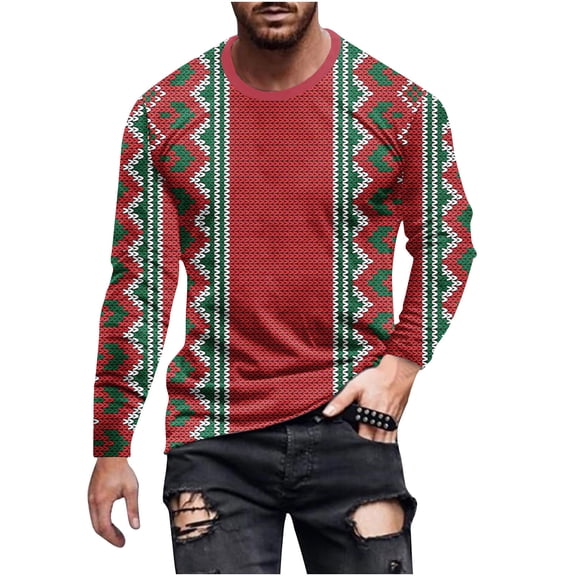 Honeeladyy Men's 3D Print T-Shirts Christmas Print Tee Long Sleeve Round Neck Pullover Tops #Ok-Red-S