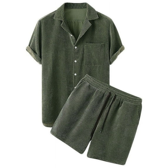 Honeeladyy Men's Casual Button-Down Shirts Short Sleeve Striped Dress Shirts Button Down Tops #Yb-Army Green-XXXL