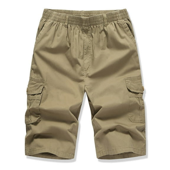 Honeeladyy Men's Casual Pure Color Outdoors Pocket Beach Work Trouser Cargo Shorts Pant Men Loose Drawstring Elastic Shorts