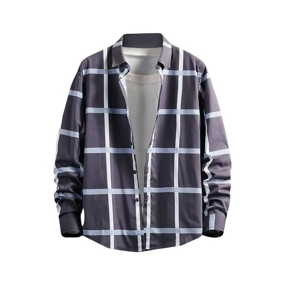 Honeeladyy Men's Checkered Shirt Slim Fitting Long Sleeved Lapel Casual Cardigan Bottom Shirt Blouse