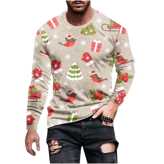 Honeeladyy Men's Christmas Blouse Tops 3D Funny Snowman Printed Round Neck Long Sleeve Pullover Ugly Christmas Santa Sweaters #Uf-Khaki-S