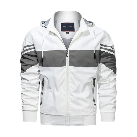 Honeeladyy Men's Contrasting Color Hooded Zipper Casual Warm Windproof Pocket Motorcycle Jacket Jackets for Men
