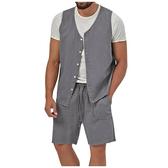 Honeeladyy Men's Cotton Linen Set Sleeveless Cardigan Vest Shorts Two-Piece Set #Sb-Dark Gray-M