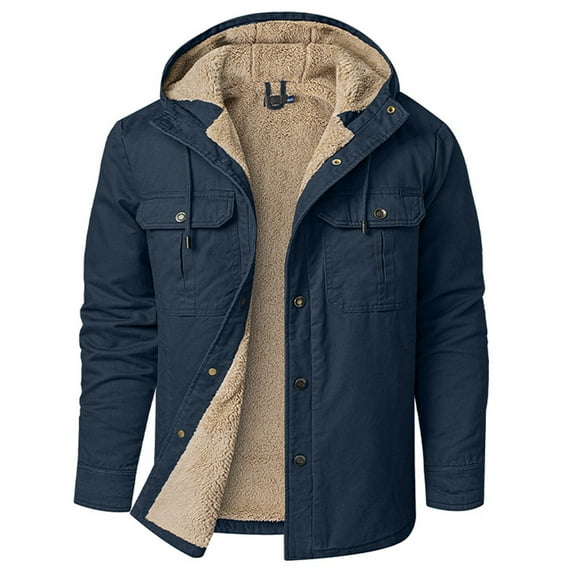 Honeeladyy Men's Fleece Extra Thick Stand Collar Long Sleeve Hooded Drawstring Pocket Button Open And Close Coat Mens Winter Coats