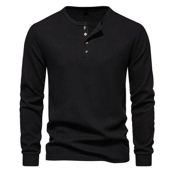 Honeeladyy Men's Henley Shirts Long Sleeve Basic Waffle Button Up Pullover T-Shirt Regular-Fit Plain Comfy Golf Shirts Blouses #Nc-Black-XL