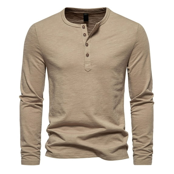 Honeeladyy Men's Henley Shirts Long Sleeve Basic Waffle Button Up Pullover T-Shirt Regular-Fit Plain Comfy Golf Shirts Blouses #Qc-Khaki-L