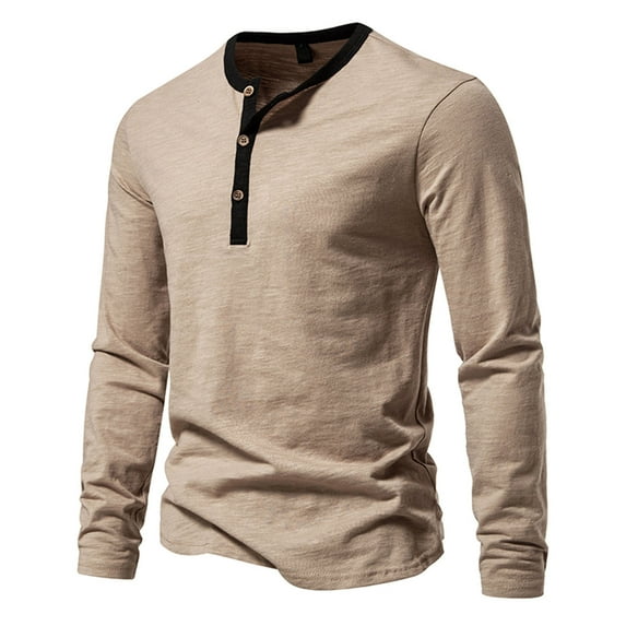 Honeeladyy Men's Long Sleeve Henley Shirts 4 Button Soft Cotton Casual Tees Reglan Sleeve Tshirt Contrast Color Slim Fit Top #Ng-Khaki-XXL
