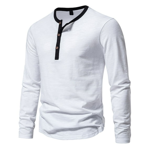 Honeeladyy Men's Long Sleeve Henley Shirts 4 Button Soft Cotton Casual Tees Reglan Sleeve Tshirt Contrast Color Slim Fit Top #Ng-White-L