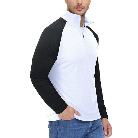 Honeeladyy Men's Muscle T Shirt Stretch Long Sleeve Workout Shirts Slim Fit Casual Plain Tees Stylish Quarter Zip Shirt #Rg-White-L