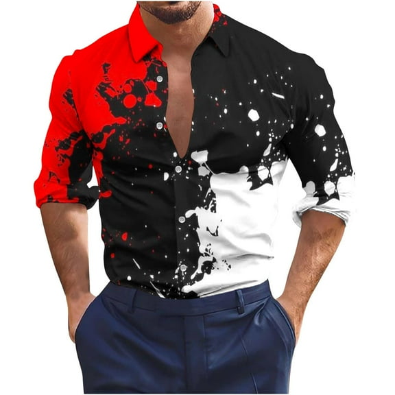 Honeeladyy Men's Shirt Non Positioning Printed Long Sleeved Lapel Shirt Beach Regular Shirt Casual Shirt Tops Blouse