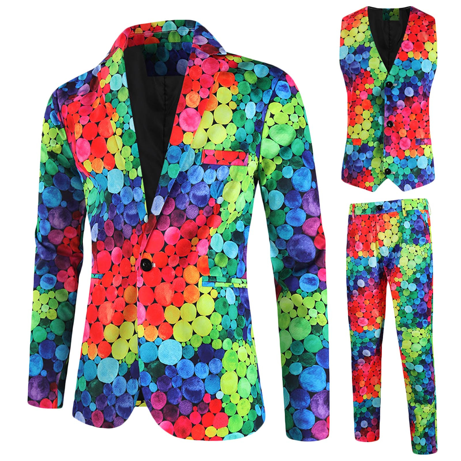 Honeeladyy Men's Slim Fit Suits 3 Piece One Button Tie Dye Suit Blazer Dress Business Wedding