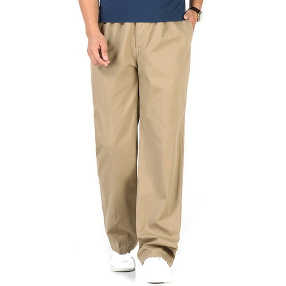 Honeeladyy Men's Solid Pure Cotton Elastic Waist Straight Barrel Trousers Cargo Pants for Men