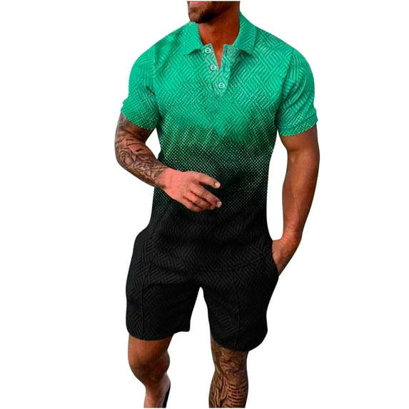 Honeeladyy Men‘s Track Suits 2 Piece Summer Short Sets Outfits FashionShirt Casual Short Sleeve And Shorts SetShort Sleeve Turndown Collar Set #Yc-Green-XXXL