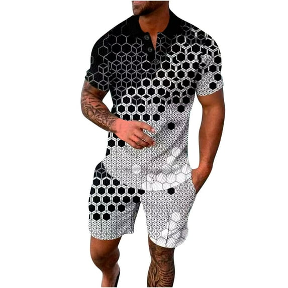 Honeeladyy Men‘s Track Suits 2 Piece Summer Short Sets Outfits FashionShirt Casual Short Sleeve And Shorts SetShort Sleeve Turndown Collar Set #Yc-White-XL