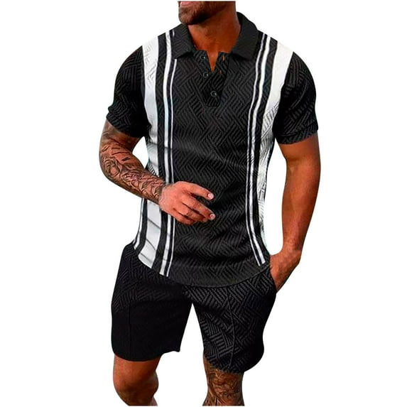 Honeeladyy Men‘s Track Suits 2 Piece Summer Short Sets Outfits FashionShirt Casual Short Sleeve And Shorts SetShort Sleeve Turndown Collar Set #Yc-Black-XXL