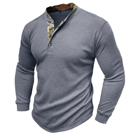 Honeeladyy Mens Button V Neck Tee Shirt Stylish Workout Tee Long Sleeve Muscle Fit T-Shirt Soft Casual Athletic Tees Tops #Fh-Gray-XXL