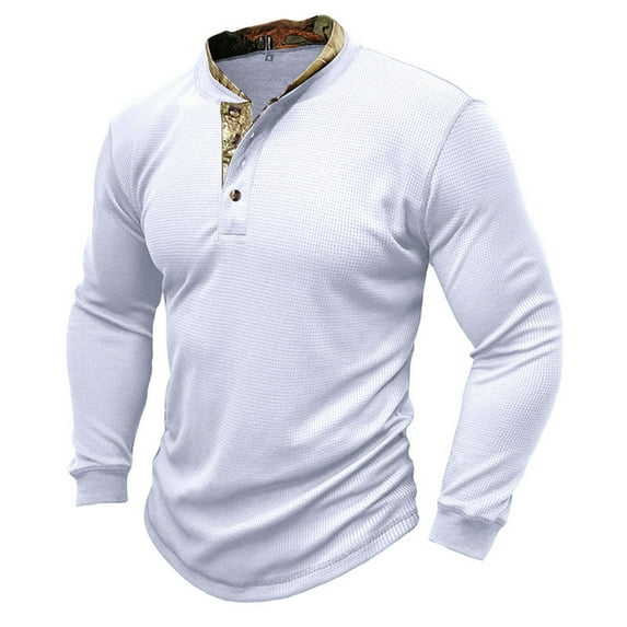 Honeeladyy Mens Button V Neck Tee Shirt Stylish Workout Tee Long Sleeve Muscle Fit T-Shirt Soft Casual Athletic Tees Tops #Fh-White-S
