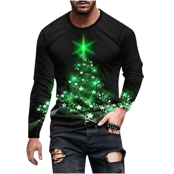 Honeeladyy Mens Christmas Shirt Long Sleeve 3D Printed Xmas Tree Graphic T Shirt Round Neck Pullover Sports Tops Blouses #Od-Green-XXXXL