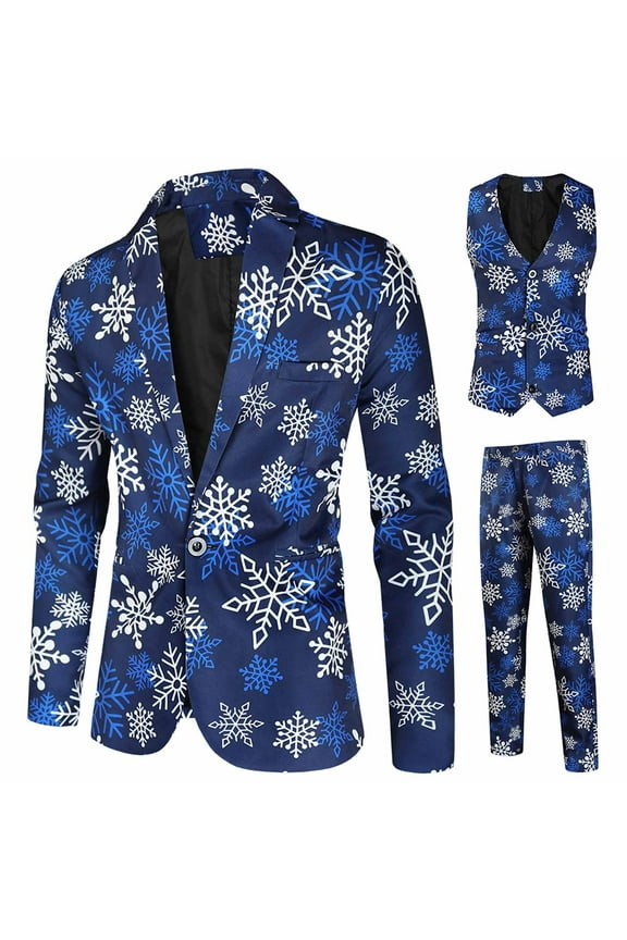 Mens Christmas Suit 3 Piece Slim Fit Suit Set Xmas Holiday Party Tuxedo Suits Blazer Jacket Vests Pants Men Suit Set Blue L