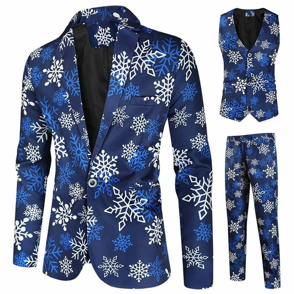 Honeeladyy Mens Christmas Suit 3 Piece Slim Fit Suit Set Xmas Holiday Party Tuxedo Suits Blazer Jacket Vests Pants Men Suit Set Blue XXL