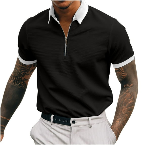 Honeeladyy Mens Classic Short Sleeve Shirt Zip Up Casual Summer Solid Color T-Shirts Business Tees for Work Christmas Gift for Husband Dark Gray M